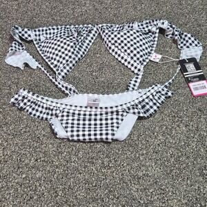 Shekini Bikini Set Womens XS Black White Gingham Ruffle 2 Piece Swimsuit
